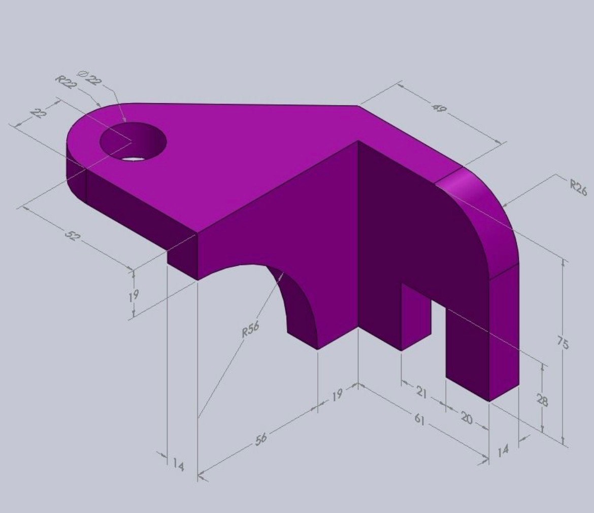3D CAD render — precision machined component with dimensional callouts